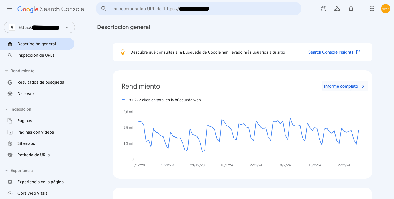 página de inicio en google search console