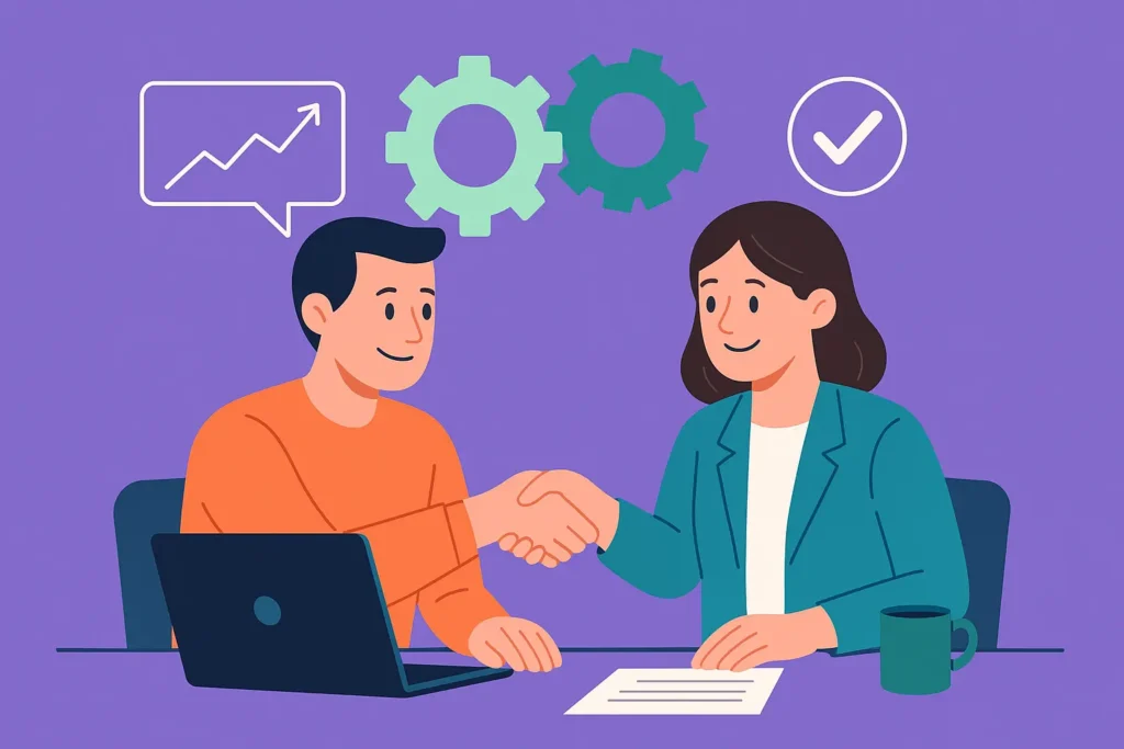 ¿Cómo elegir una buena Agencia SEO y no equivocarte en el intento? 3 Dos personas trabajando juntas haciendo sinergia